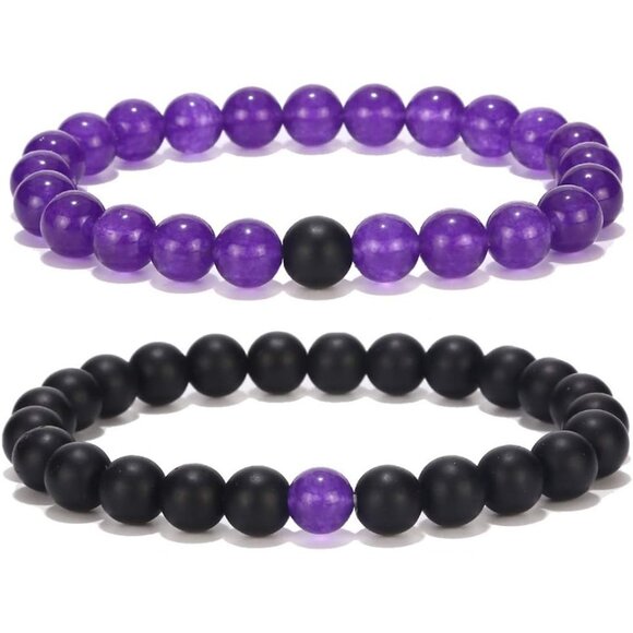 Stylish Couple's Black Matte and Purple Agate Bracelets - Ideal for Connection - Picture 1 of 4